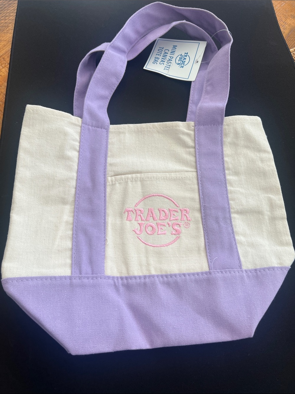 Trader Joe's Cream Canvas Tote with Lilac Trim and Handles